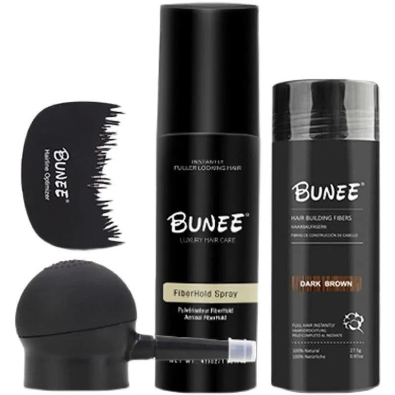 Box set of 275g hair fibre powder, styling spray, and applicator nozzle for thinning hair