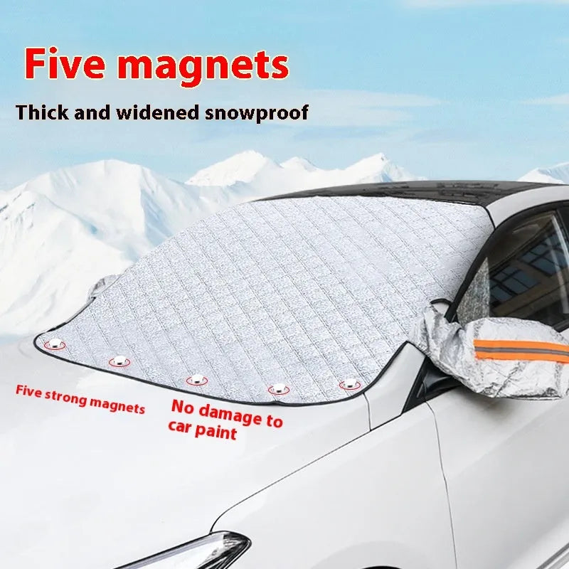 Large aluminium foil winter car cover for SUVs with reflective stripes and magnets.