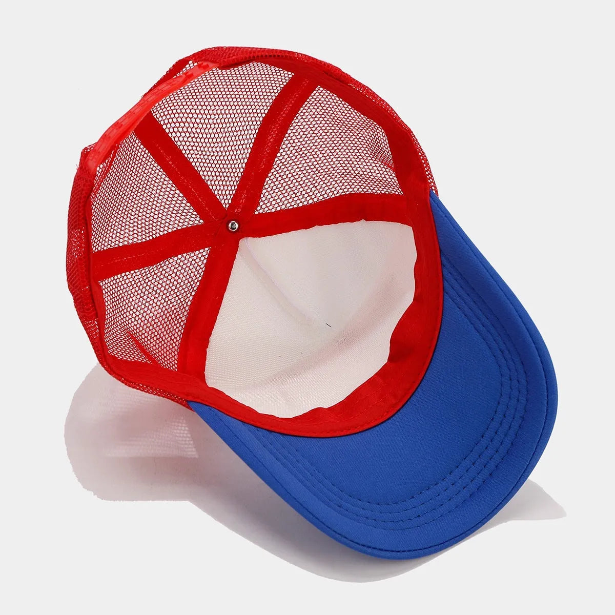 Red and blue mesh baseball cap with adjustable sizing strap