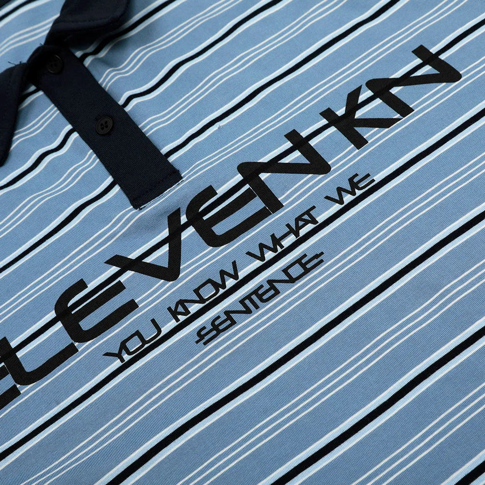 Blue stripe vintage cotton polo shirt with short sleeves and loose fit design