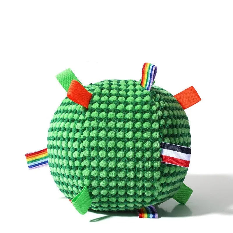 Blue and yellow pineapple lattice dog ball toy with ring rolling design, approximately 17cm diameter