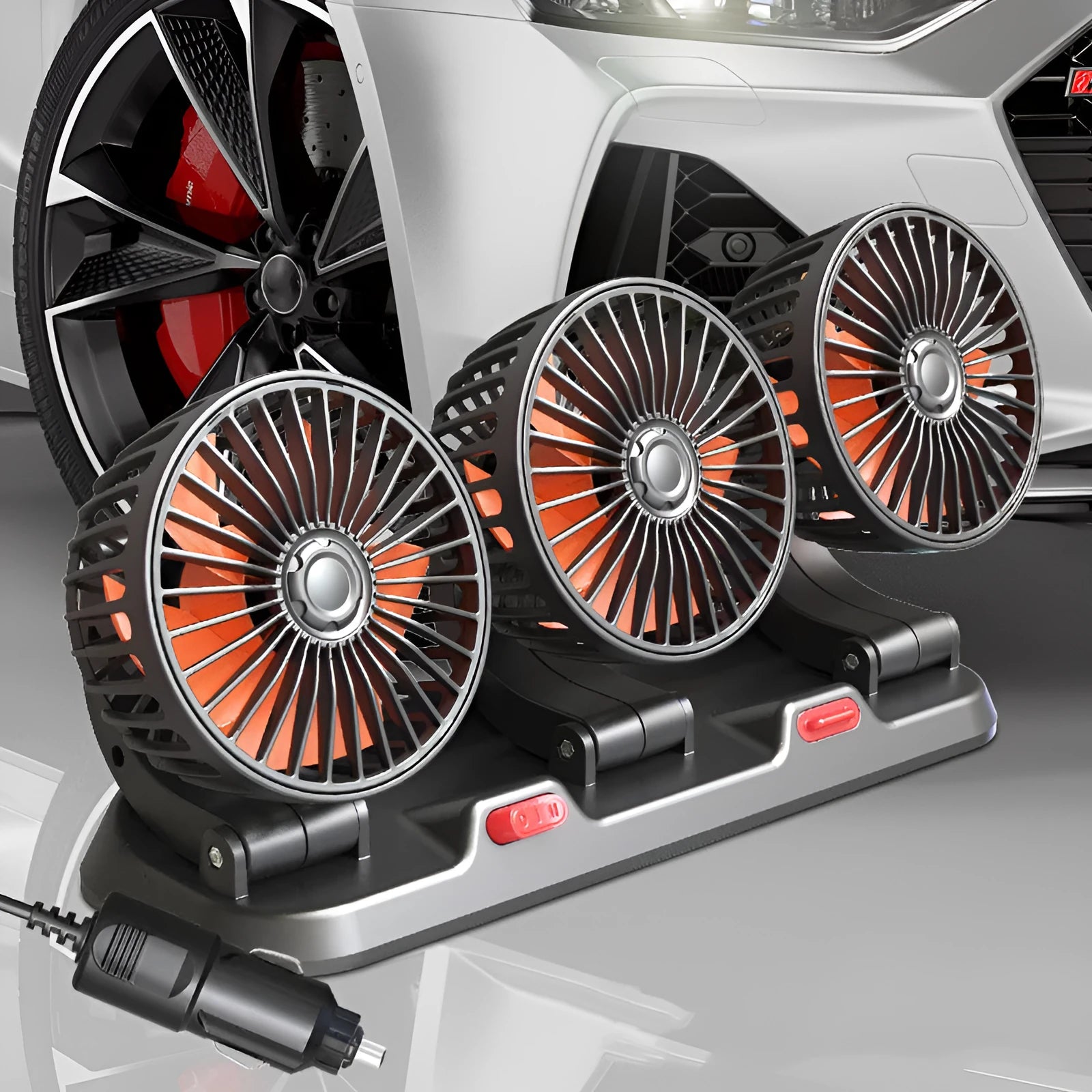 Three-head automotive electric fan with ABS housing and 1.3 metre power cable for vehicle cooling