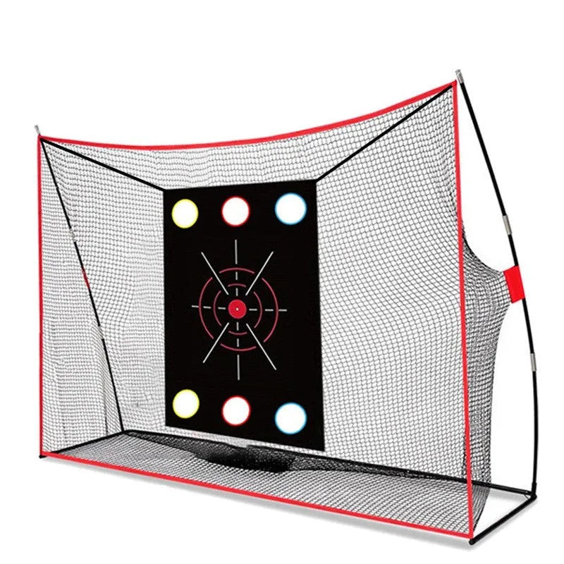 Golf swing wedge training net kit with 3-hole cross target, straw mat, practice balls and accessories