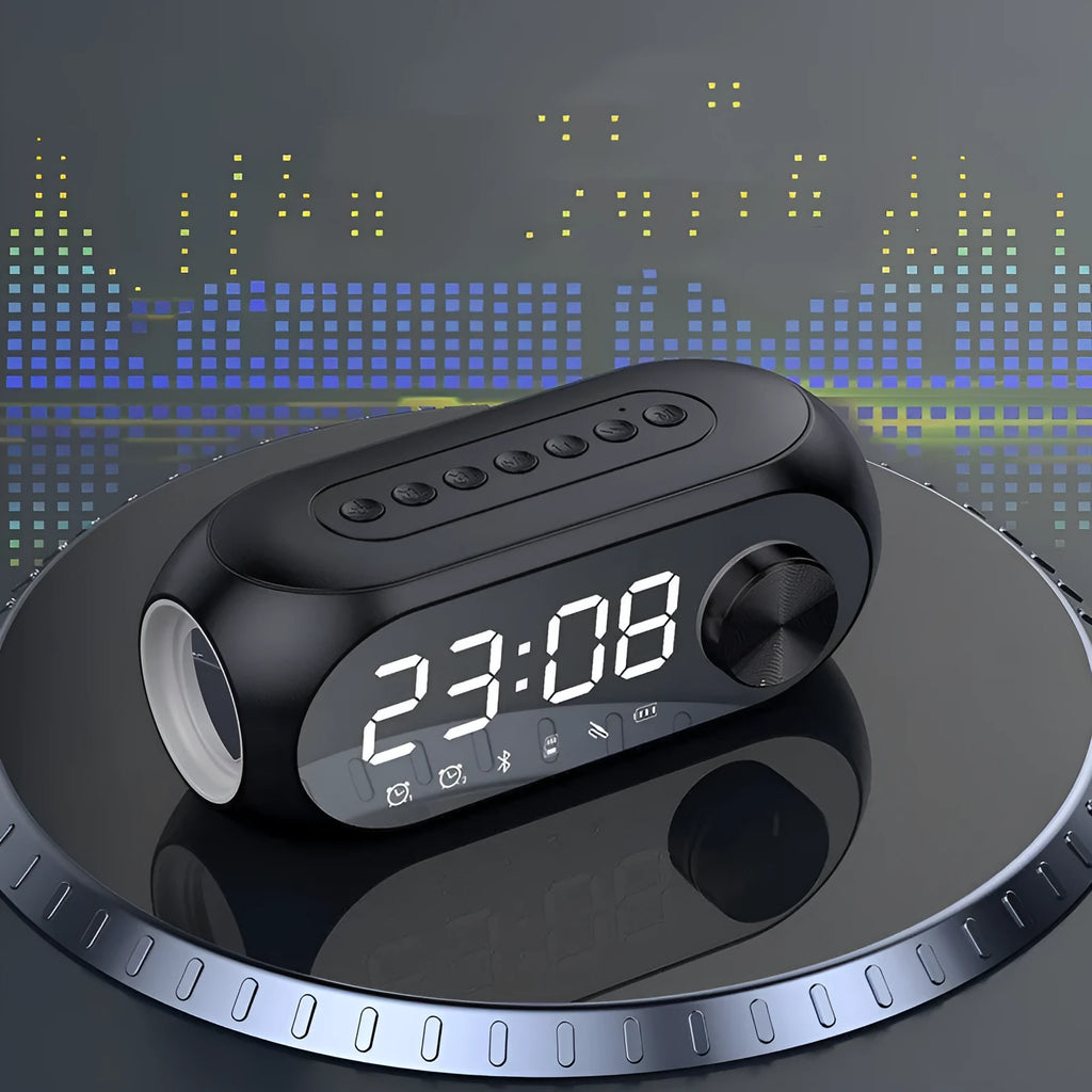 Portable Bluetooth speaker with Extra Bass technology and circular clock design in black colour