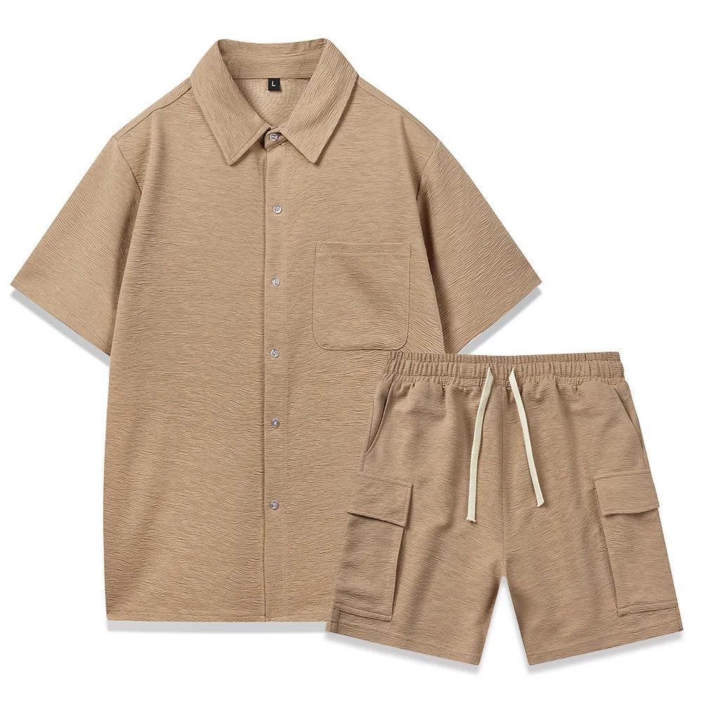 Women's beige polyester short sleeve top and elastic waist shorts two-piece set
