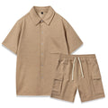 Women's beige polyester short sleeve top and elastic waist shorts two-piece set