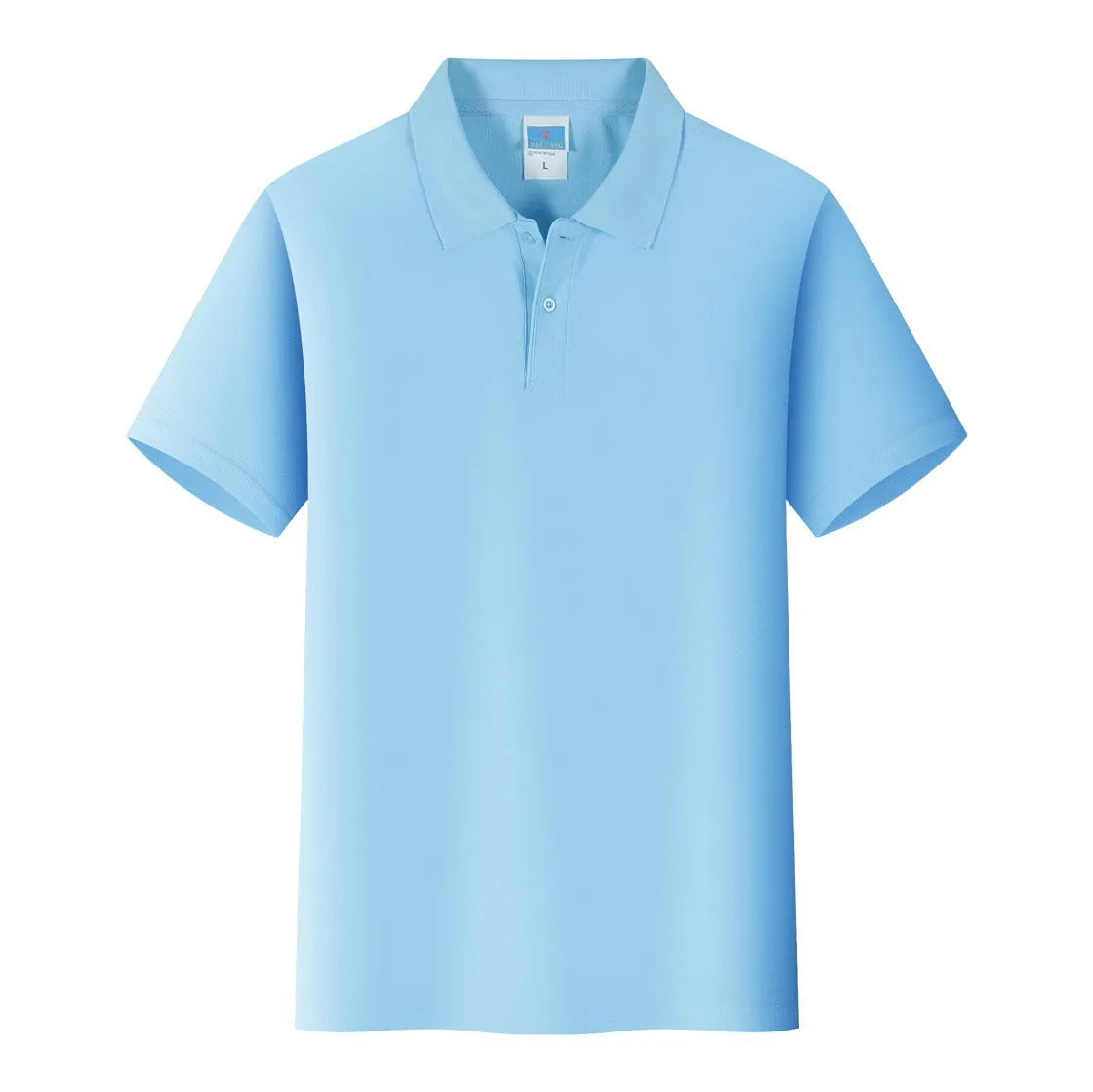 Men's short-sleeved cotton work shirt on a hanger, straight pullover style for embroidery.