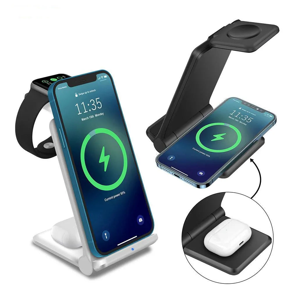 White 3-in-1 wireless charging station with iPhone, Apple Watch and AirPods charging simultaneously