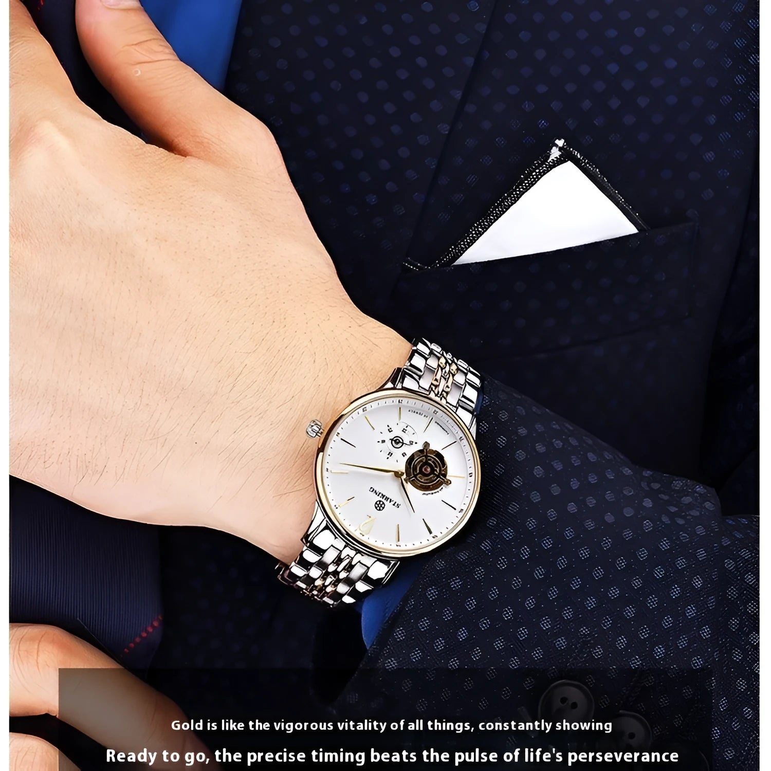 Men's automatic mechanical business watch with sapphire crystal glass and stainless steel case