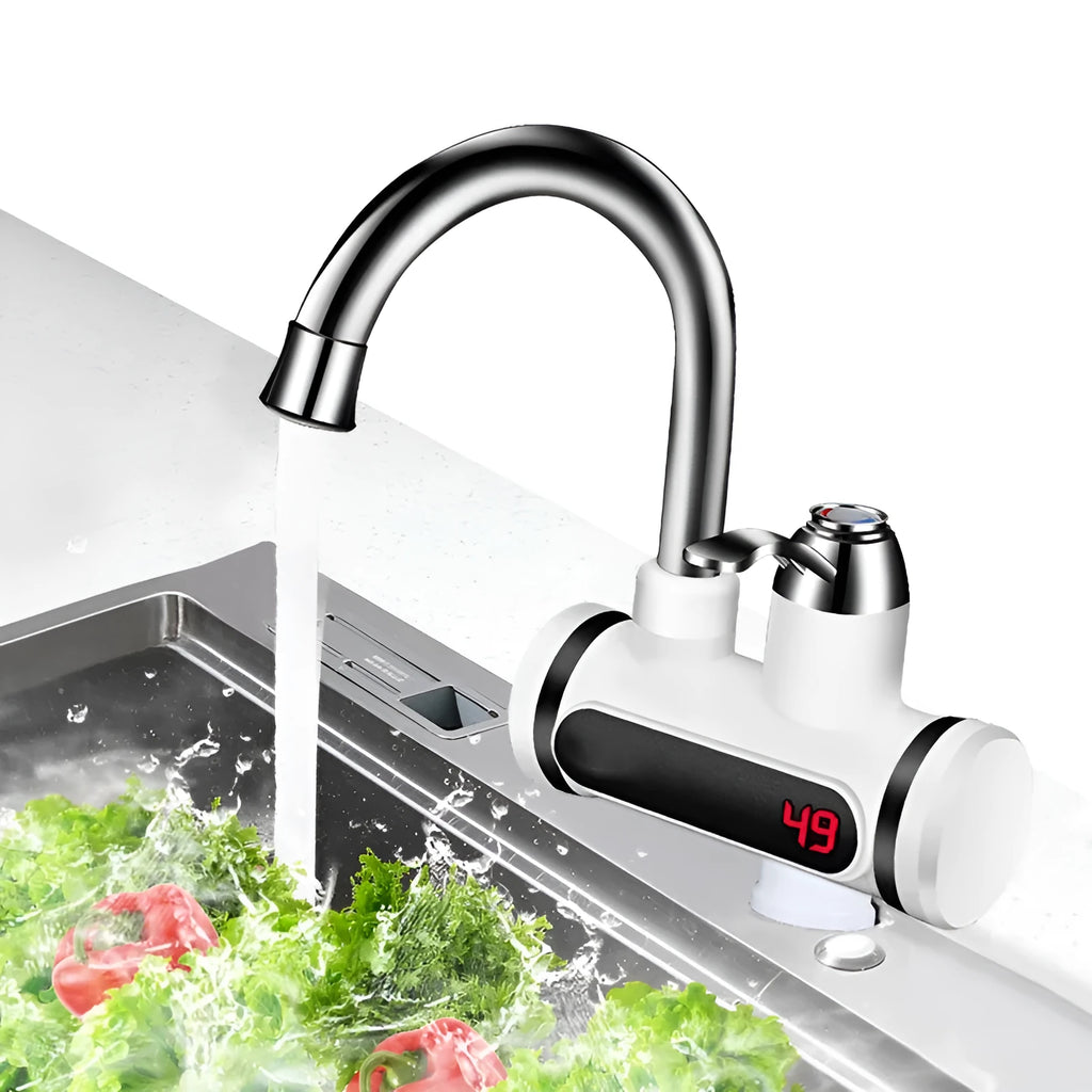 White electric instant water heater for kitchen taps with digital temperature display