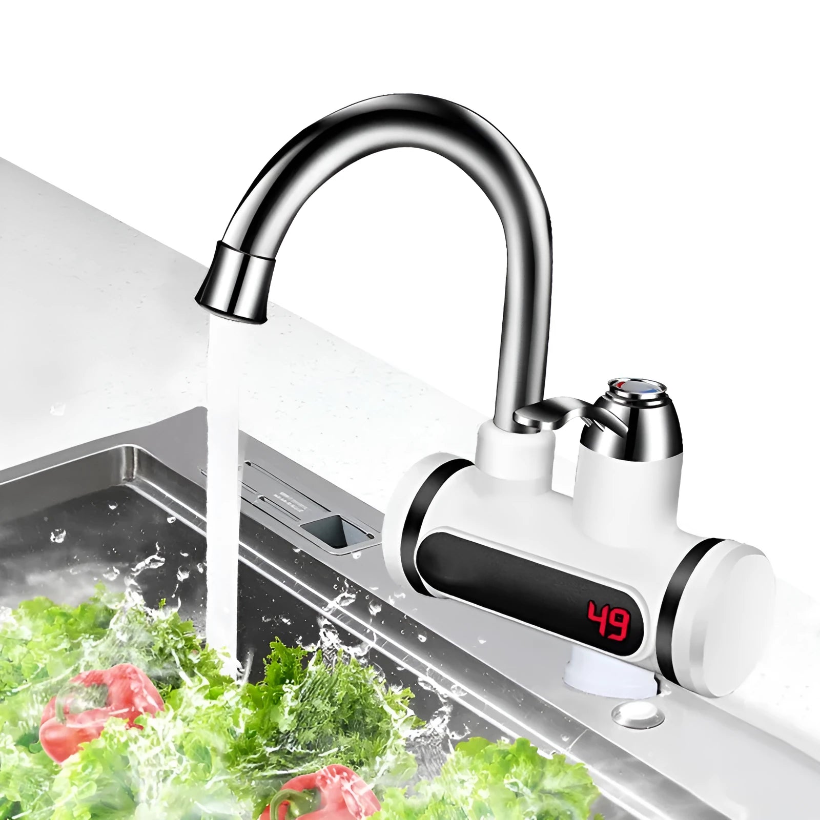 White electric instant water heater for kitchen taps with digital temperature display