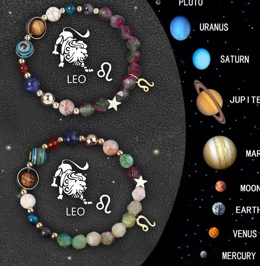 Two adjustable natural stone beaded bracelets showing zodiac sign designs on a neutral background