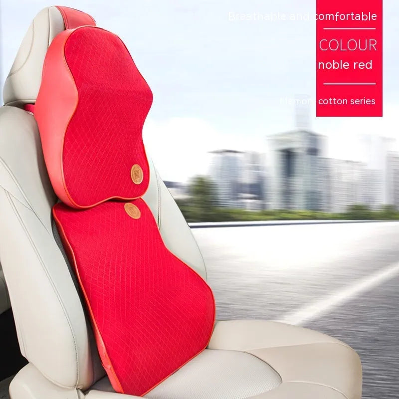 Black memory foam car headrest pillow and lumbar support pillow with removable polyester covers.