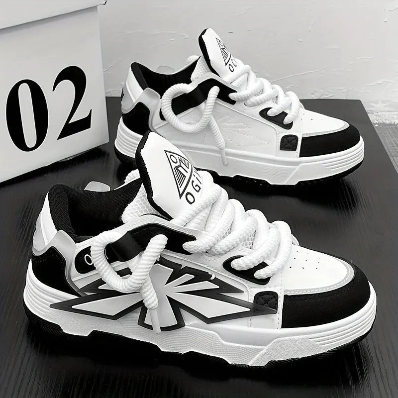 Men's white chunky sole sneakers with cartoon totem pattern and front lace-up design.