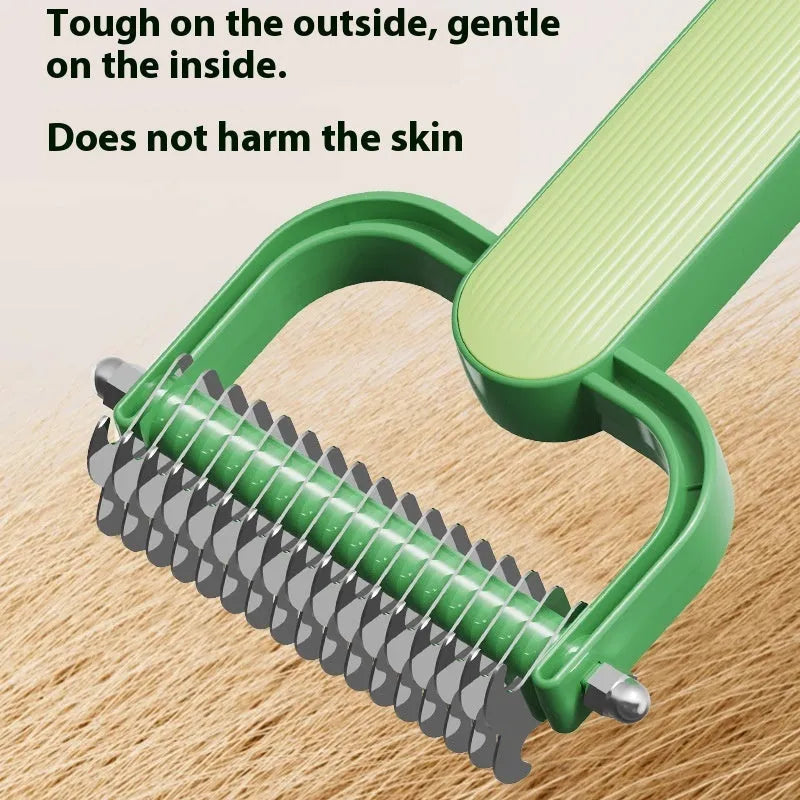 Pet grooming comb with stainless steel teeth for detangling dog hair in green and grey colour options