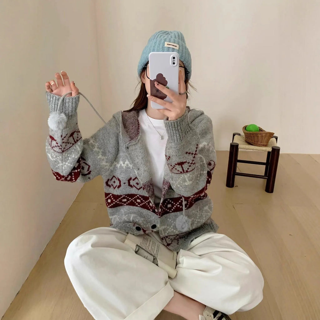 Women's plus size brocade geometric pattern acrylic sweater coat loose fit long sleeve