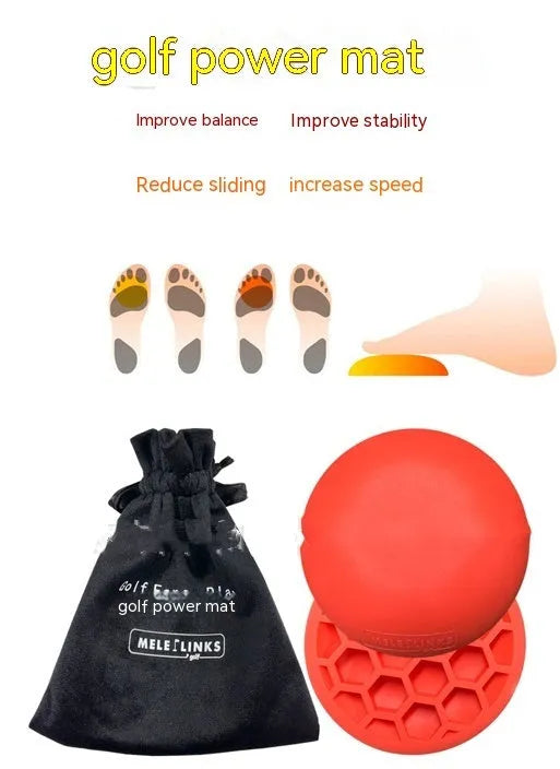 Orange golf strength training mat with centre of gravity pad for swing practice