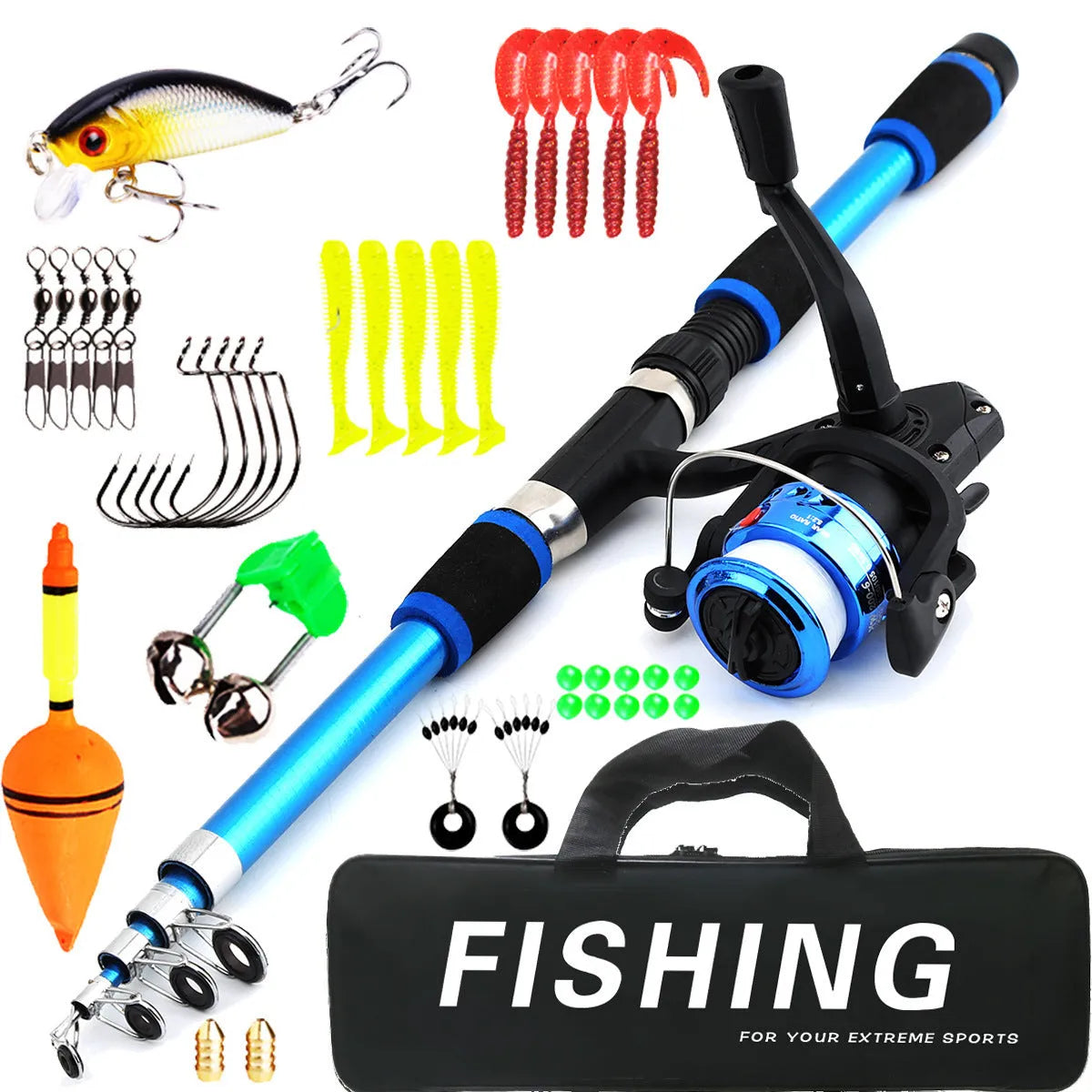 Children's fishing rod with pole and reel set in multiple colour options for beginner anglers