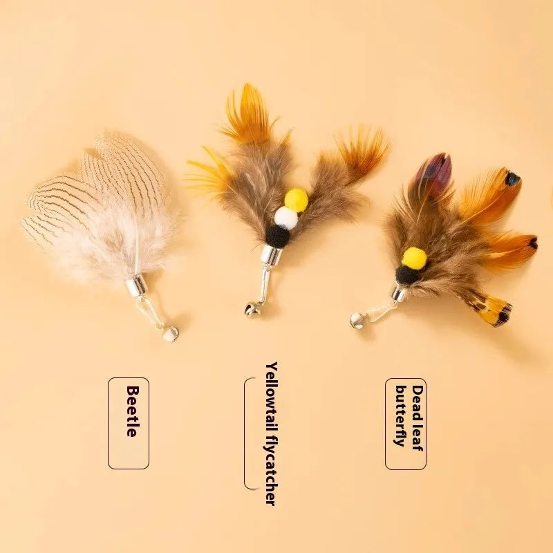Three steel wire cat toys with small coloured flying insect heads on a table.