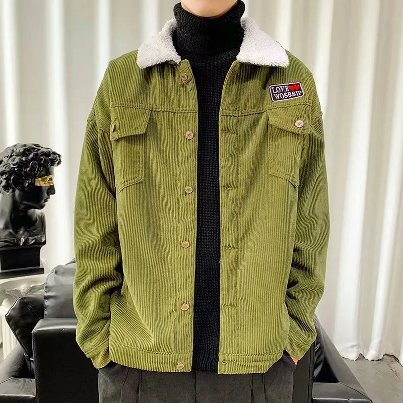 Men's loose fit corduroy workwear jacket in khaki colour with patch pockets.