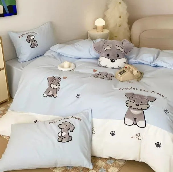 Schnauzer cartoon embroidered cotton bedding set showing quilt cover, sheet, and pillowcases in flat sheet style