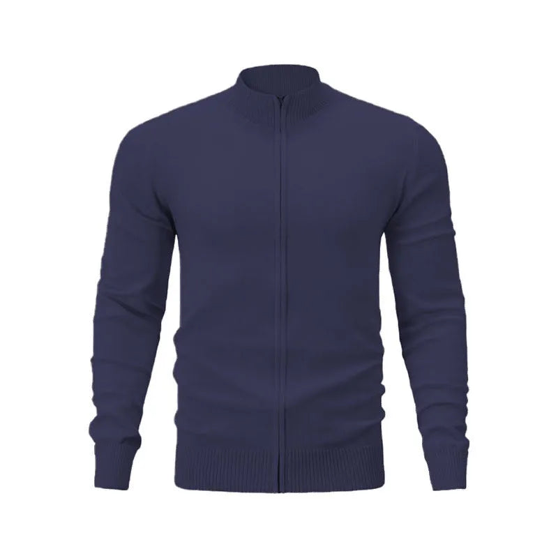 Man wearing a grey stand collar zip-up casual sweater