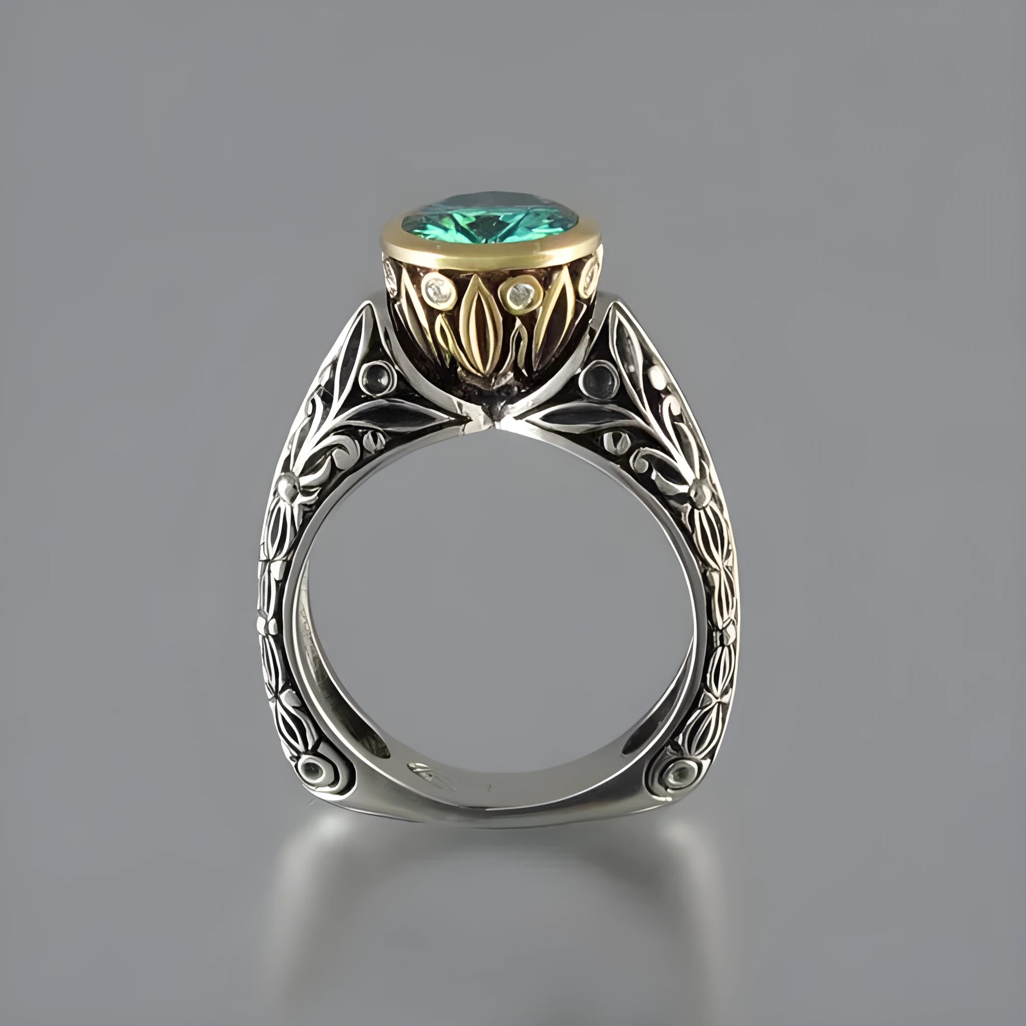 Flower-shaped gold-plated vintage gemstone ring in green silver colour on alloy band