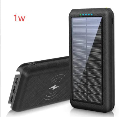 Black portable power bank with solar panel, wireless charging surface, and three USB output ports