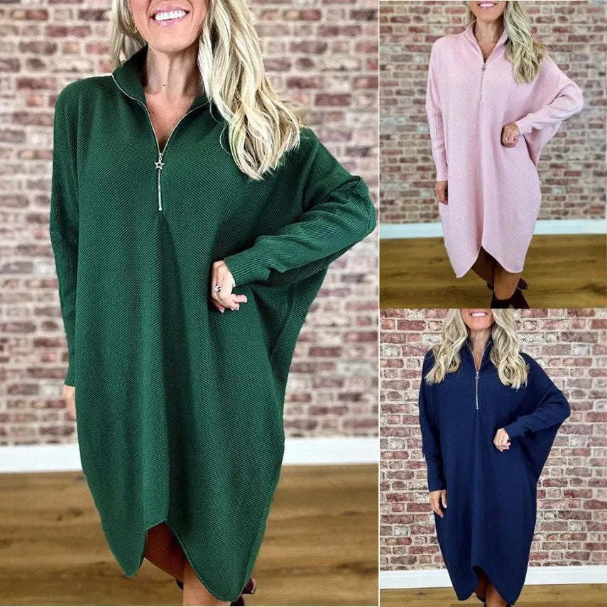 Women's solid colour knitted loose dress with front zipper and raglan sleeves