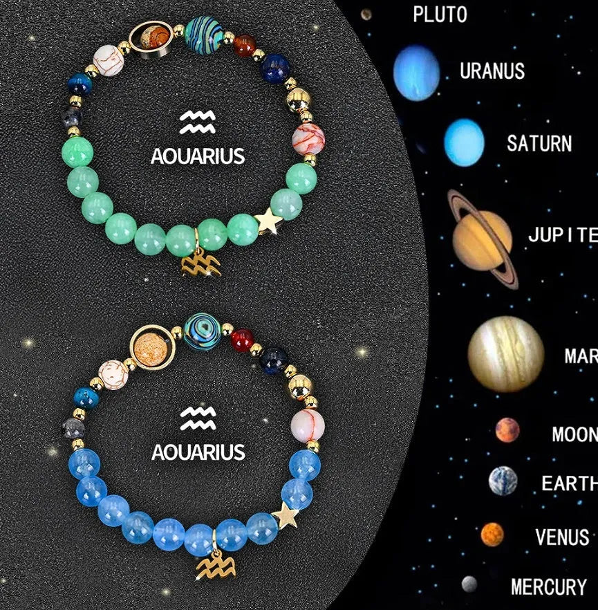 Two natural stone beaded bracelets showing zodiac symbols for all twelve astrology signs