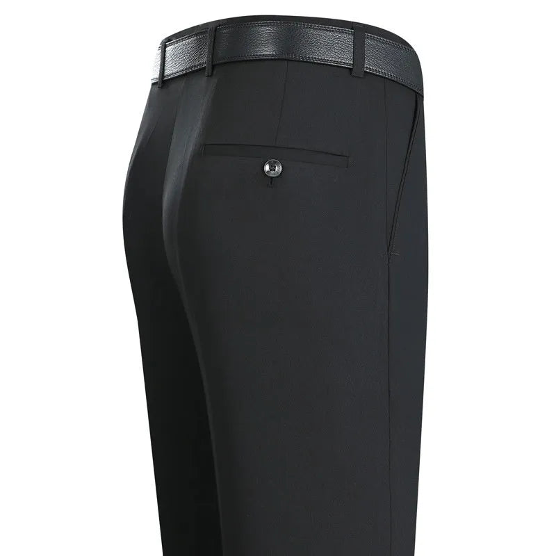 Men's straight-leg business trousers in mulberry silk blend fabric with high waist design