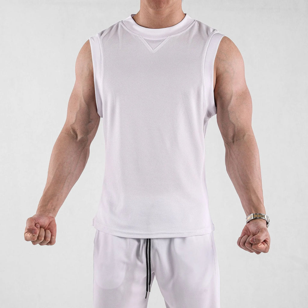 Men's loose-fit athletic vest in white or black with quick-dry polyester for summer sports