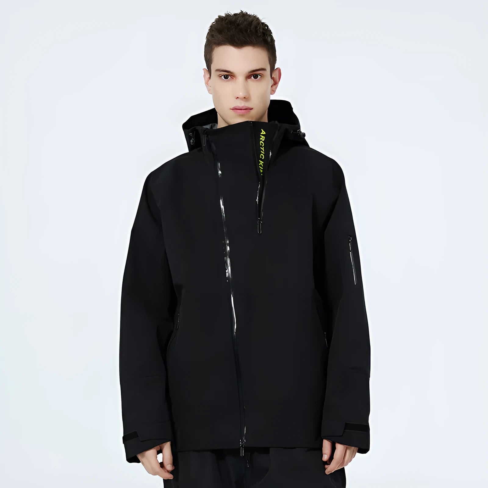 Yellow and black ski suit with thin veneer double plate construction for winter sports