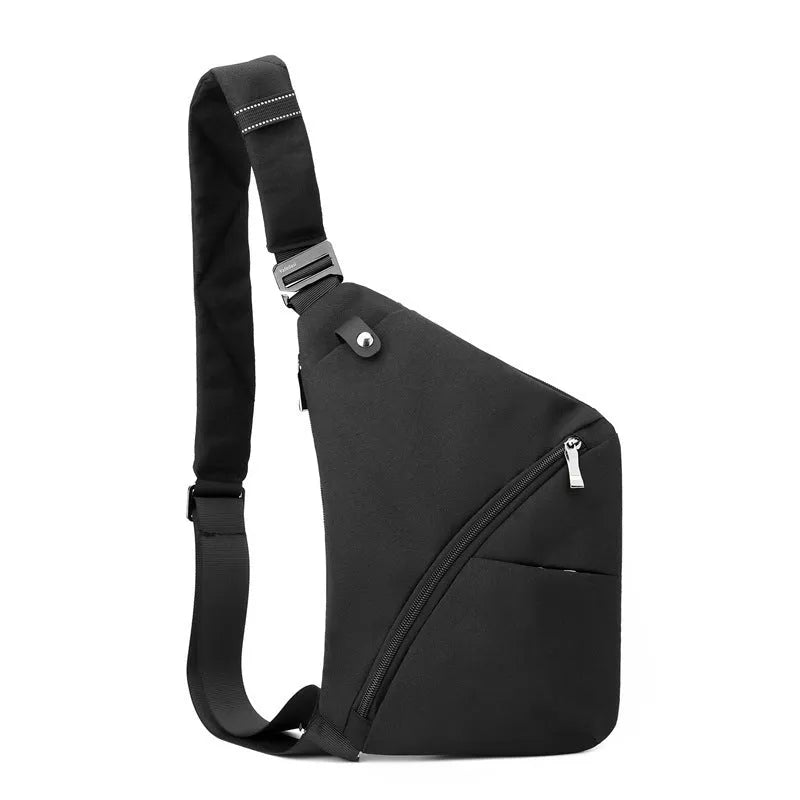 Men's black Oxford cloth chest bag worn across shoulder with letter detail