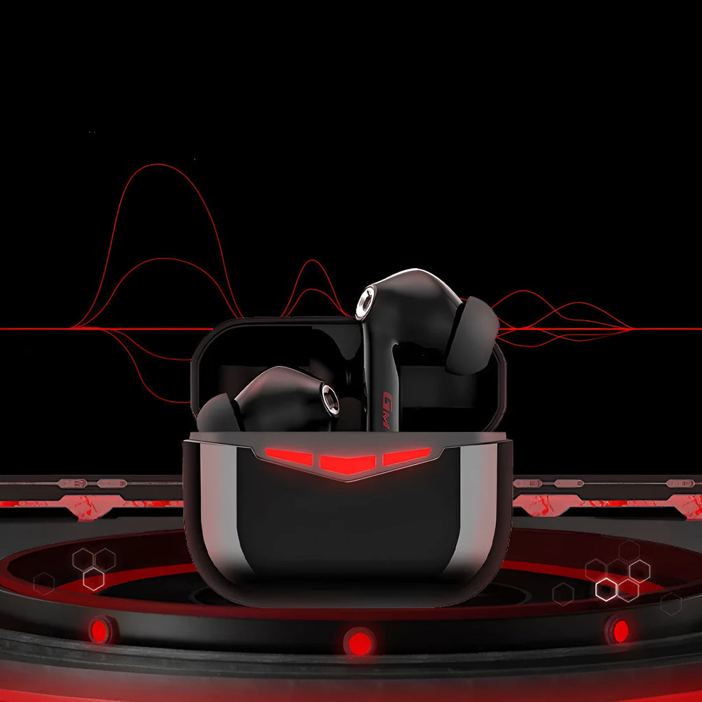 True wireless gaming Bluetooth headset with charging case and multiple earmuff sizes