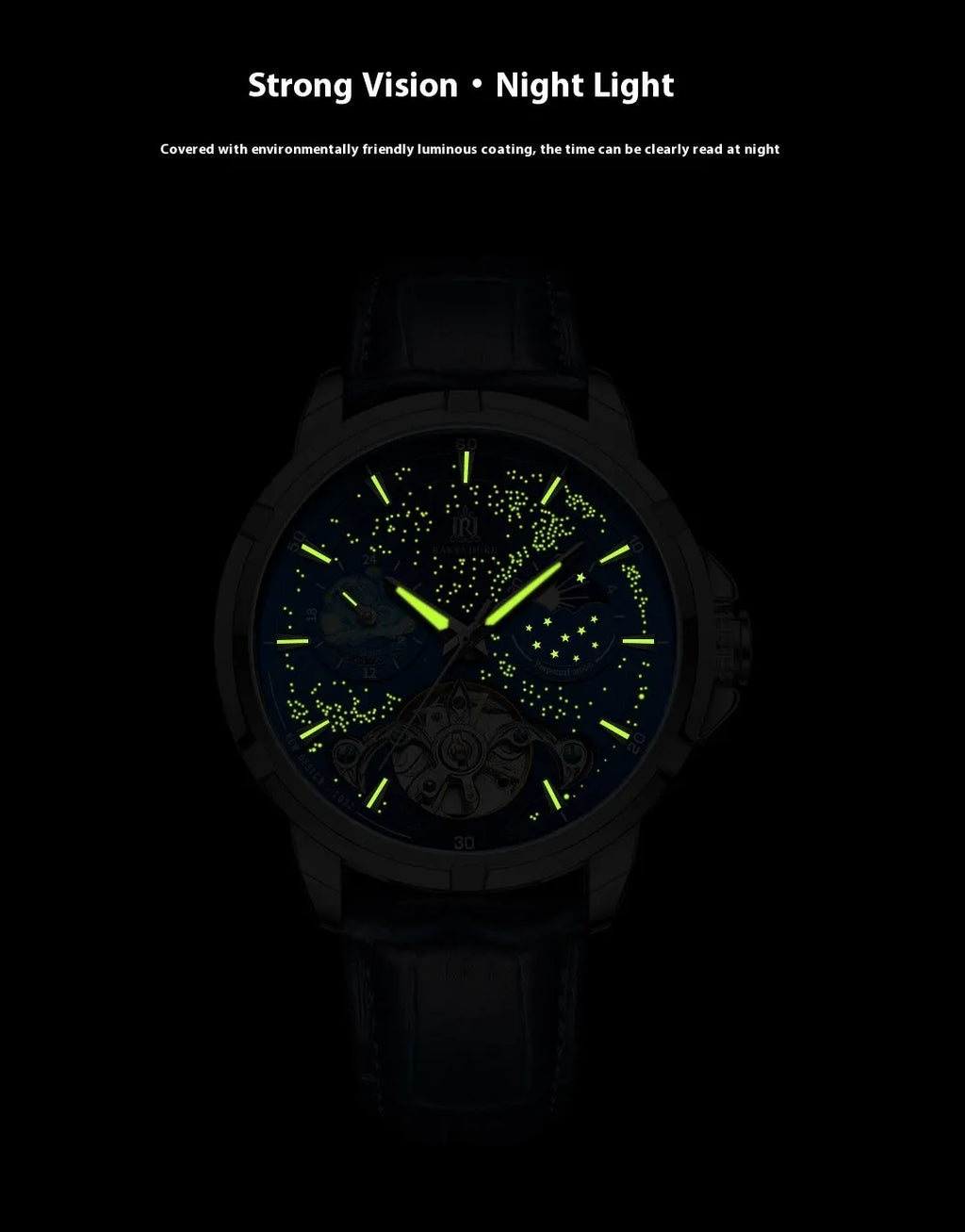 Men's blue automatic mechanical watch with skeleton design showing internal gears