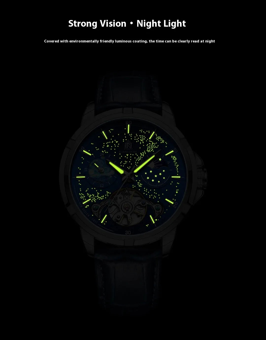 Men's blue automatic mechanical watch with skeleton design showing internal gears