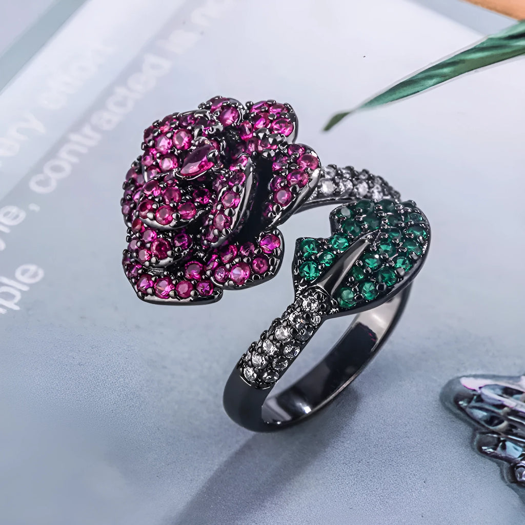 Black gold colour women's ring with geometric flower design and simulation red corundum stone