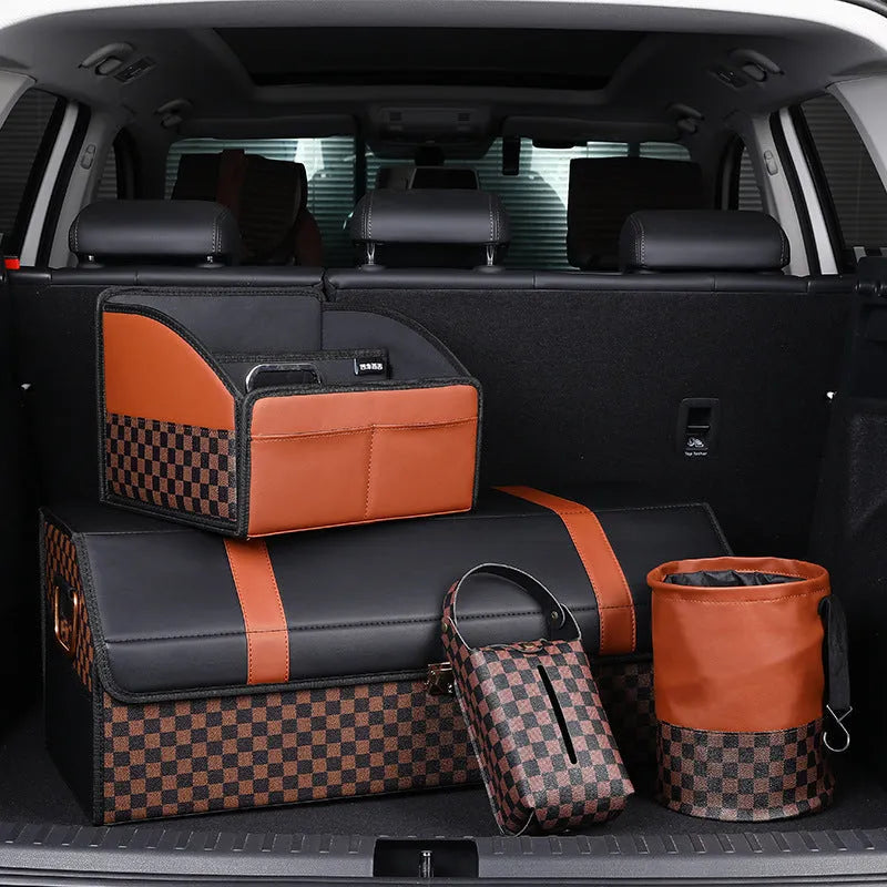 Retractable leather car interior trash can shown in available colour with folding handle design