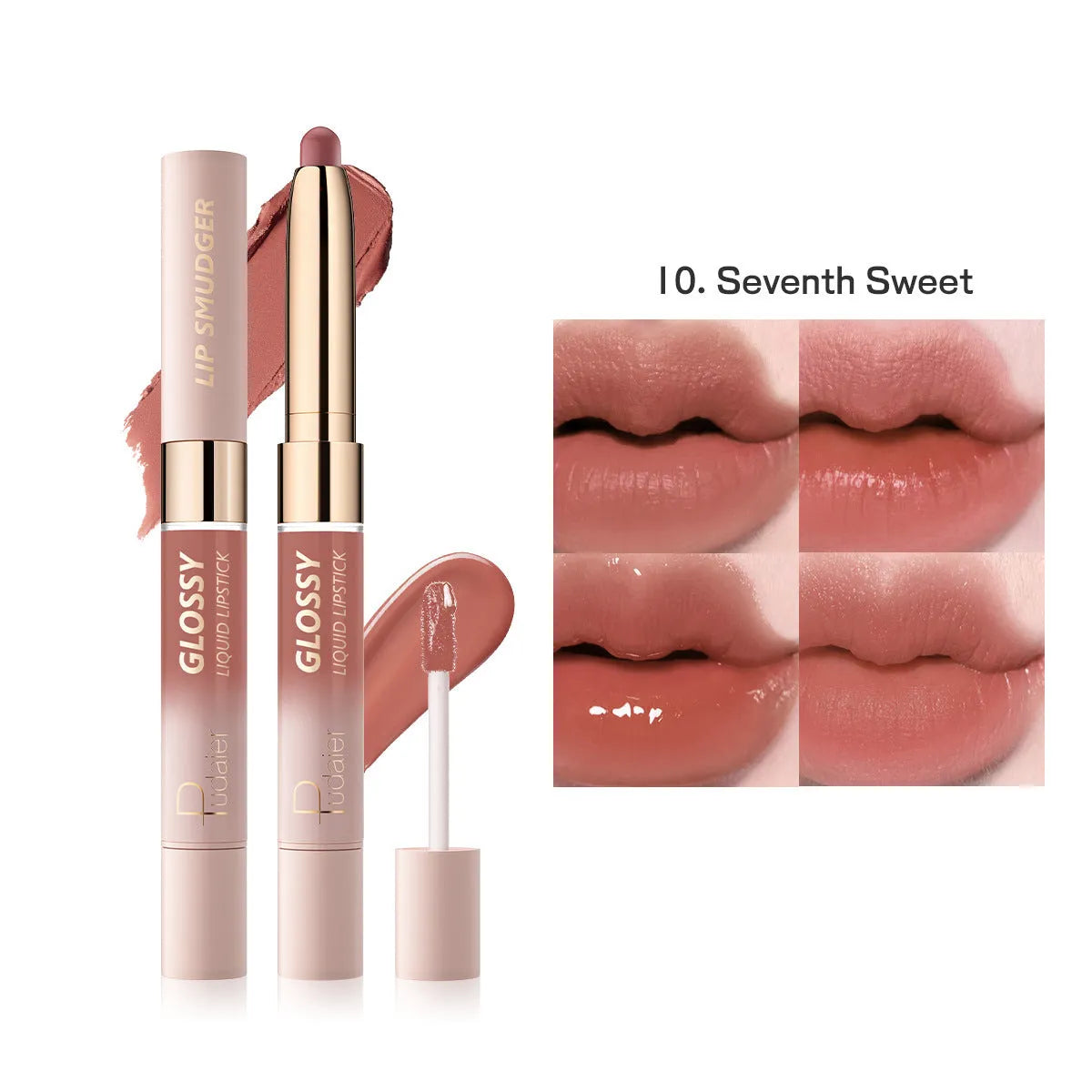 Double-headed lipstick and lip gloss set showing matte finish, available in ten different colour options.