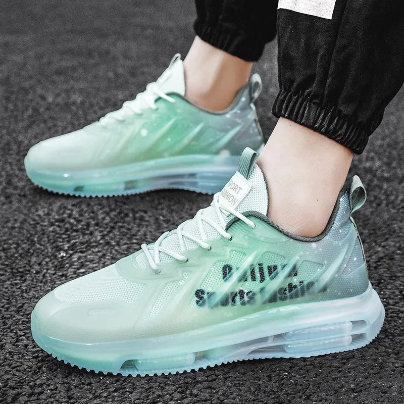 Men's casual platform running shoes in mesh with rubber sole, showing lace-up design and colour options