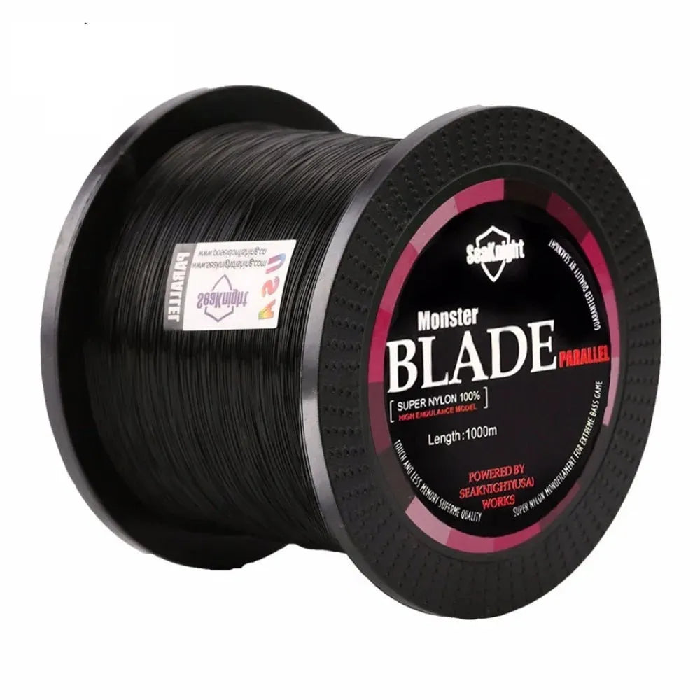 Roll of Seaknight 1000 M nylon monofilament fishing line showing colour and diameter size options.
