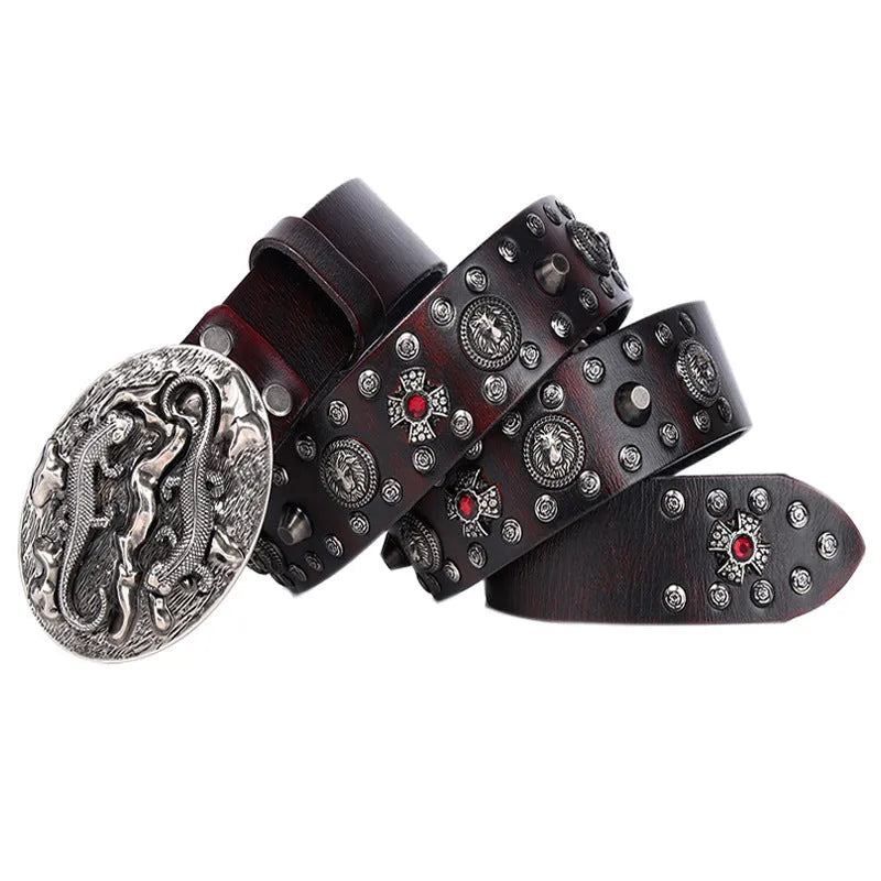 Men's genuine leather punk rivet belt with alloy buckle in retro colours on a table.