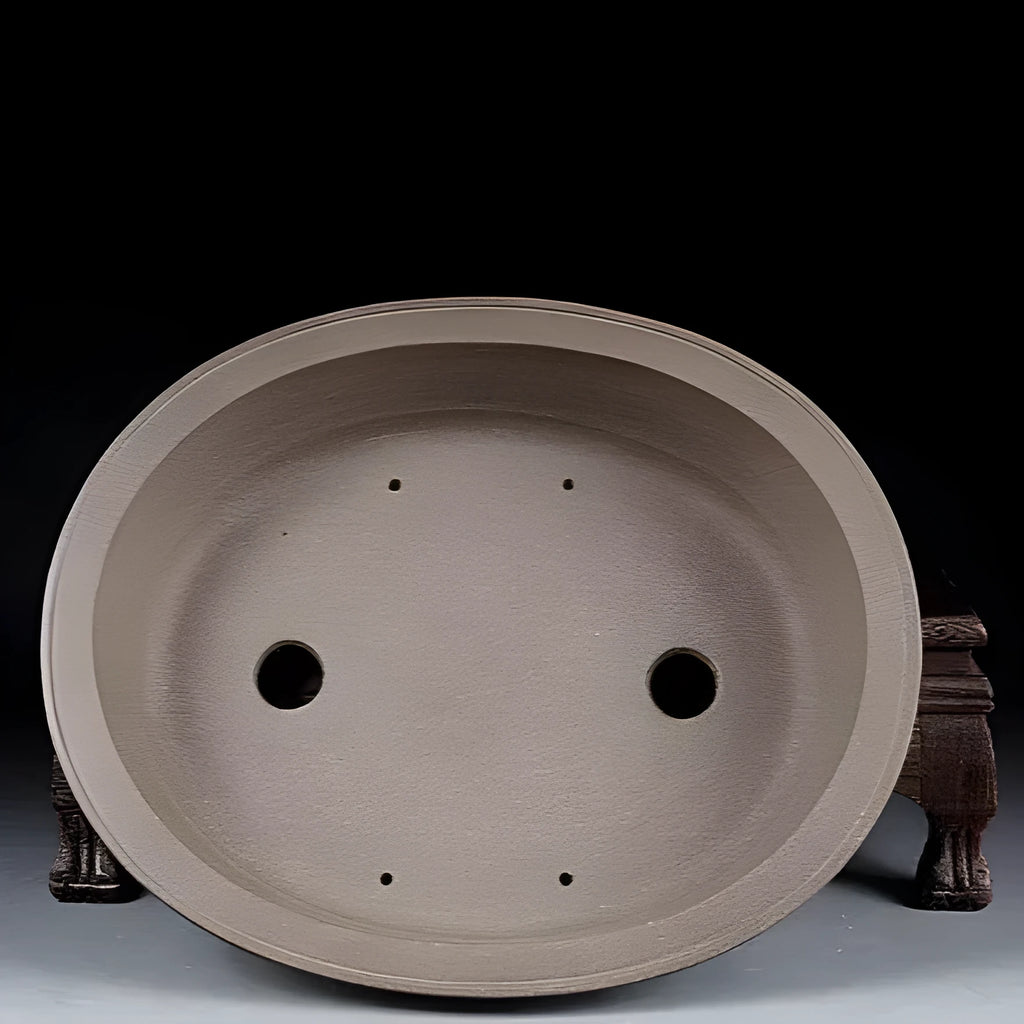 Handmade antique style oval purple sand ceramic bonsai pot, 25cm long by 21cm wide.