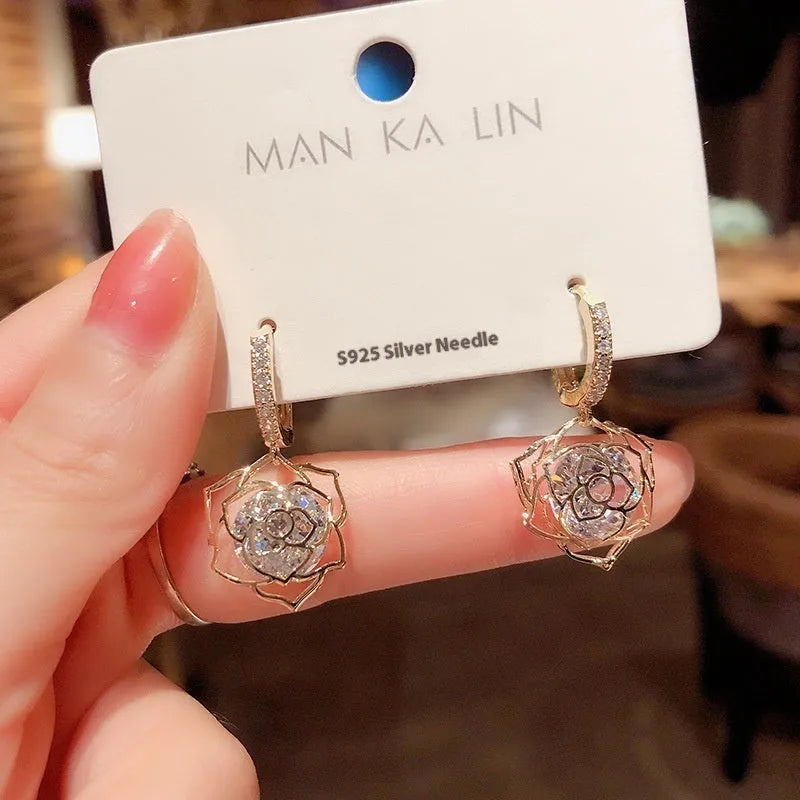 Geometric rose design zircon electroplated copper earrings for women in multiple colour variations