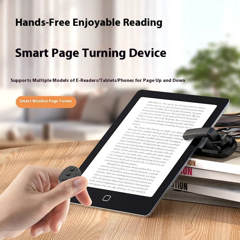 Wireless page turner remote control and clicker for e-readers and tablets in black, white, or pink.