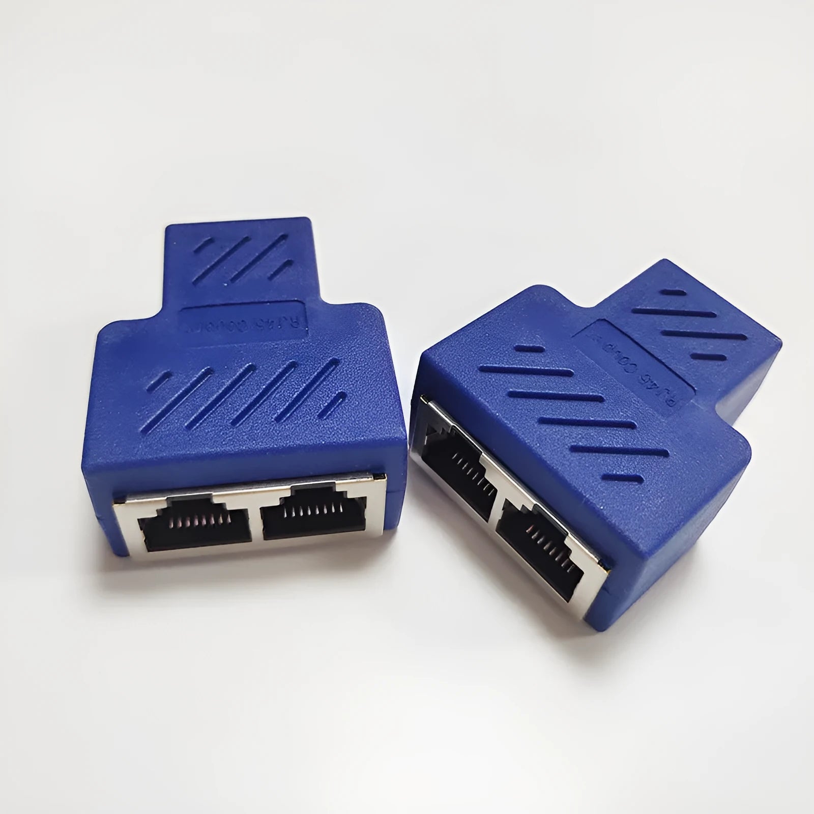 RJ45 network cable splitter adapter in five colour options showing one input and two output ports