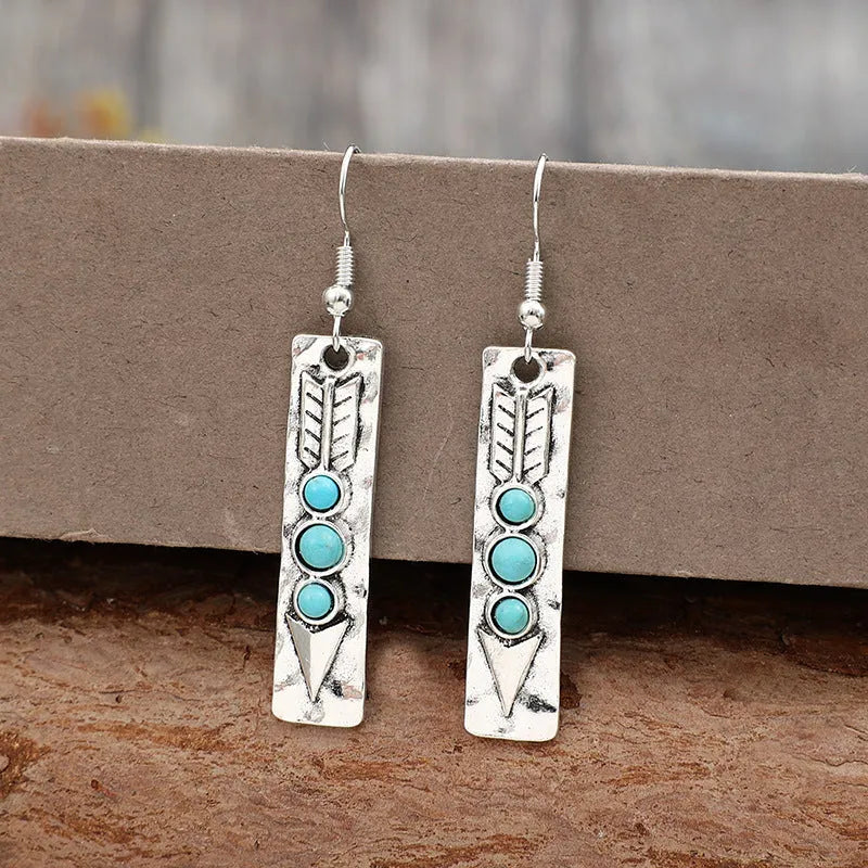 Silver geometric long strip earrings with turquoise stone inlays on zinc alloy base
