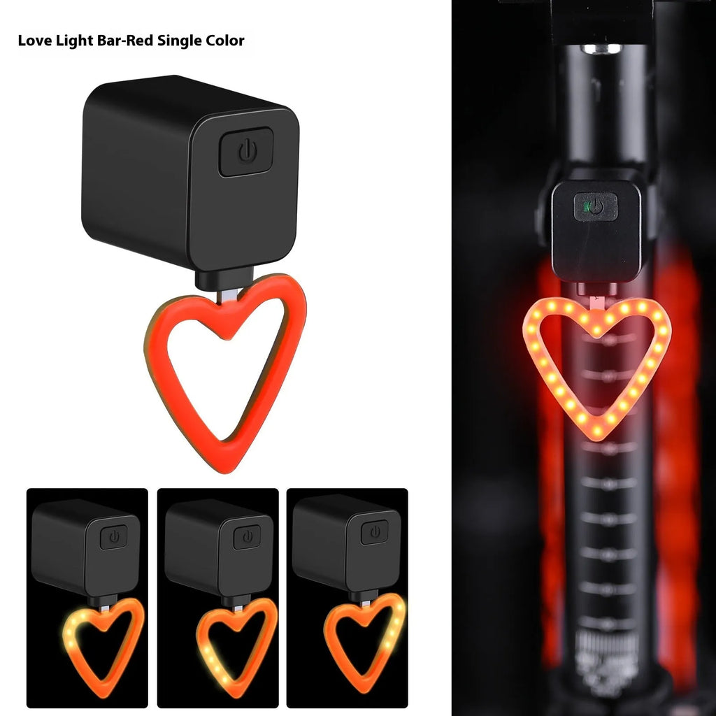 Plug-in bicycle safety taillight with running water LED flashing sequence mounted on a bike seat tube.