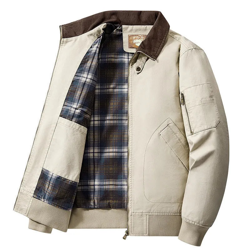 Men's washed cotton baseball jacket in Army Green, shown on a hanger.